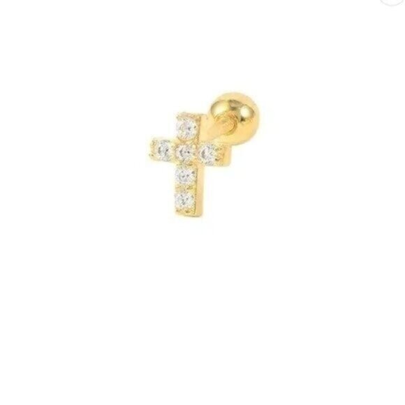 Dainty Diamond Cross Stud Earring Faith Gift Tragus Stud screw back 3rd piercing - Picture 3 of 7